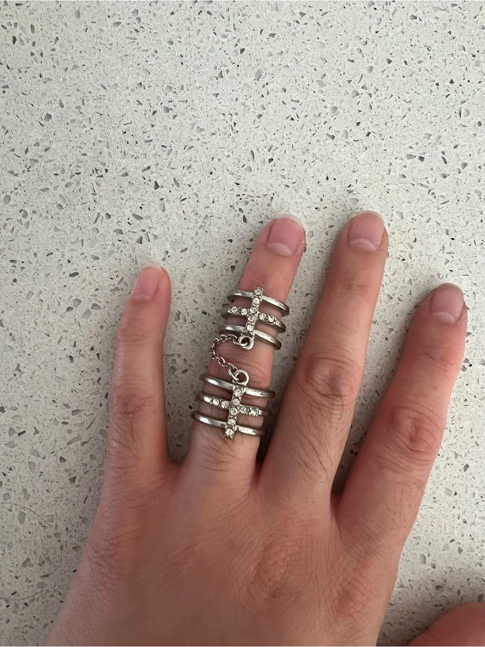 Silver Multi-Band Link Chain Ring with Clear Stones - Women Jewelry